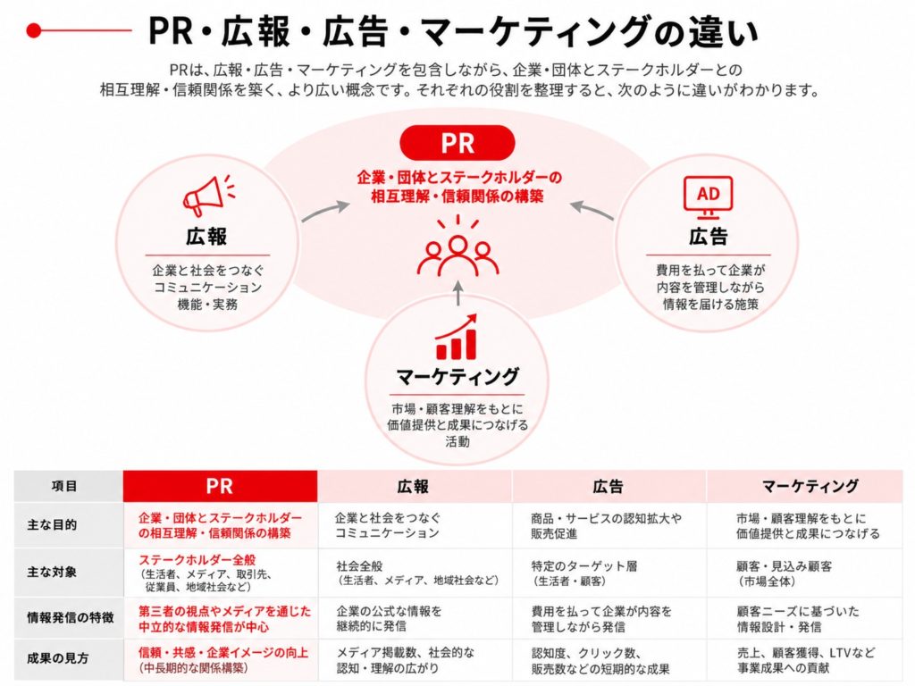 PR・広報・広告・マーケティングの目的と特徴を比較した図解。PRはステークホルダーとの相互理解・信頼関係の構築、広報は企業と社会のコミュニケーション、広告は費用を払った情報発信、マーケティングは顧客への価値提供と事業成果を重視する。
