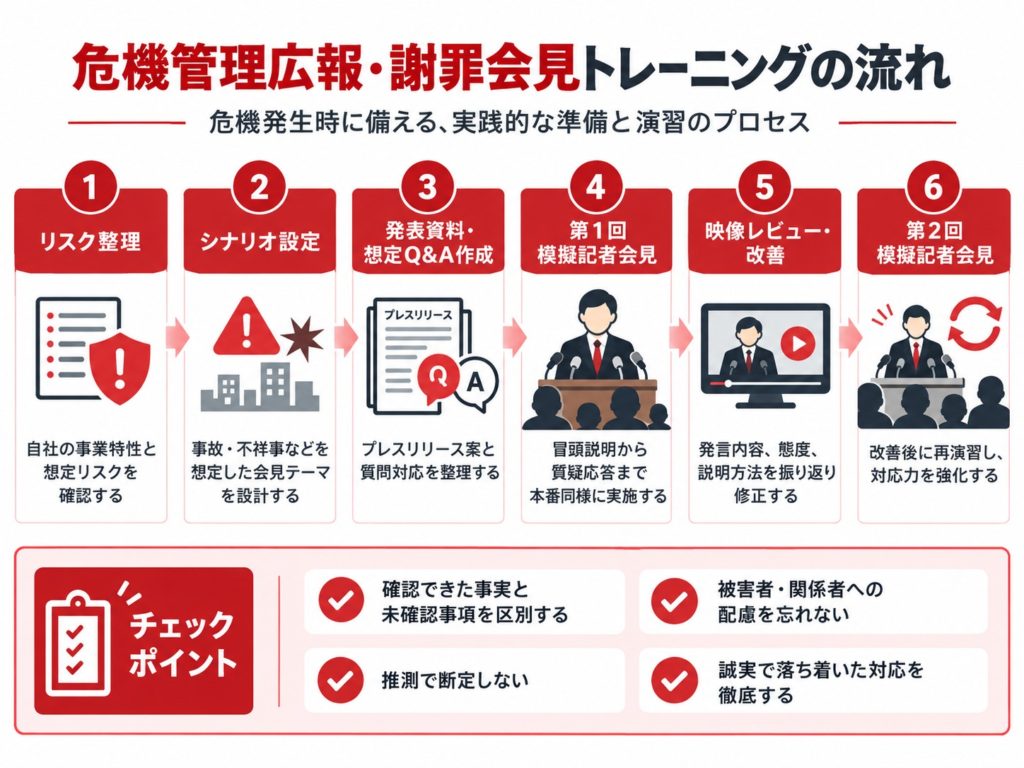 危機管理広報・謝罪会見トレーニングの6ステップ。①リスク整理、②危機シナリオ設定、③発表資料・想定Q&A作成、④第1回模擬記者会見、⑤映像レビュー・改善、⑥第2回模擬記者会見の流れと、事実確認・関係者への配慮・誠実な対応の重要性を示した図解