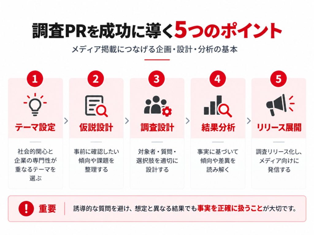 調査PRを成功に導く5つのポイント。①社会的関心と企業の専門性を踏まえたテーマ設定、②仮説設計、③調査対象・質問・選択肢の設計、④事実に基づく結果分析、⑤調査リリースによるメディア向け情報発信を説明した図解
