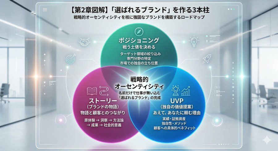 専門家ブランディングの3本柱を示す図解。ポジショニング、UVP(独自の価値提案)、ストーリーの3つが重なり、戦略的オーセンティシティを形成する。