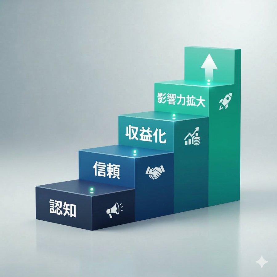 専門家ブランドの成長を階段状に表した図解。認知、信頼、収益化、影響力拡大の4ステージを順に示している。