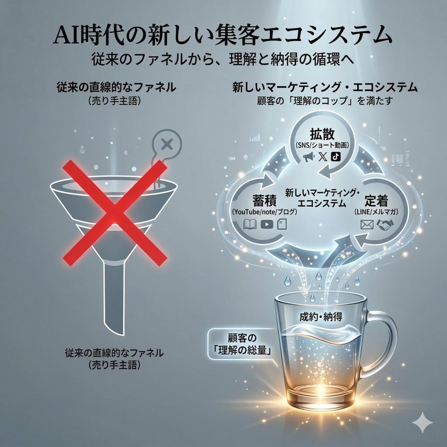 従来の直線的な集客ファネルと、AI時代の集客エコシステムを比較した図解。SNSによる拡散、YouTubeや記事による蓄積、LINEやメールによる定着を循環させ、顧客の理解と信頼を深める。