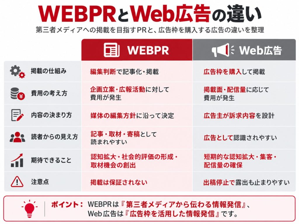 WEBPRとWeb広告の違いを比較した図解。WEBPRはメディアの編集判断による記事掲載を目指す広報活動、Web広告は広告枠を購入して情報を発信する手法。費用、掲載内容、期待できる効果の違いを解説。