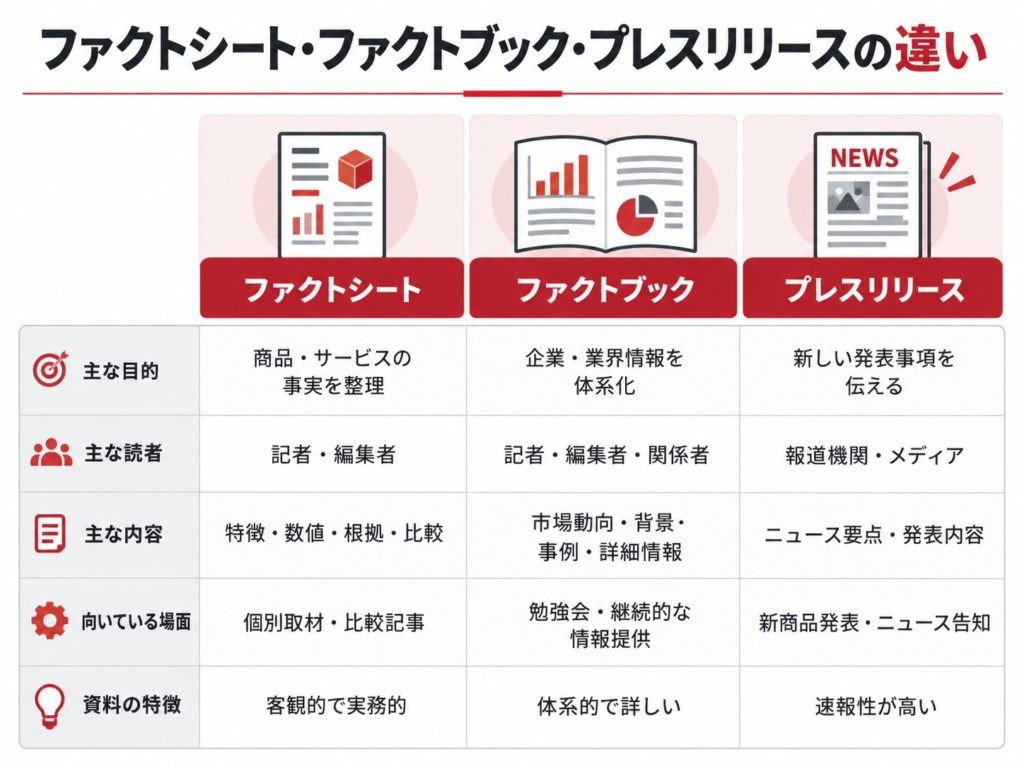 ファクトシートは商品・サービスの事実や根拠を整理する資料、ファクトブックは企業・業界情報を体系化する資料、プレスリリースは新しい発表事項を伝える資料であることを、目的・読者・内容・活用場面別に比較した図解