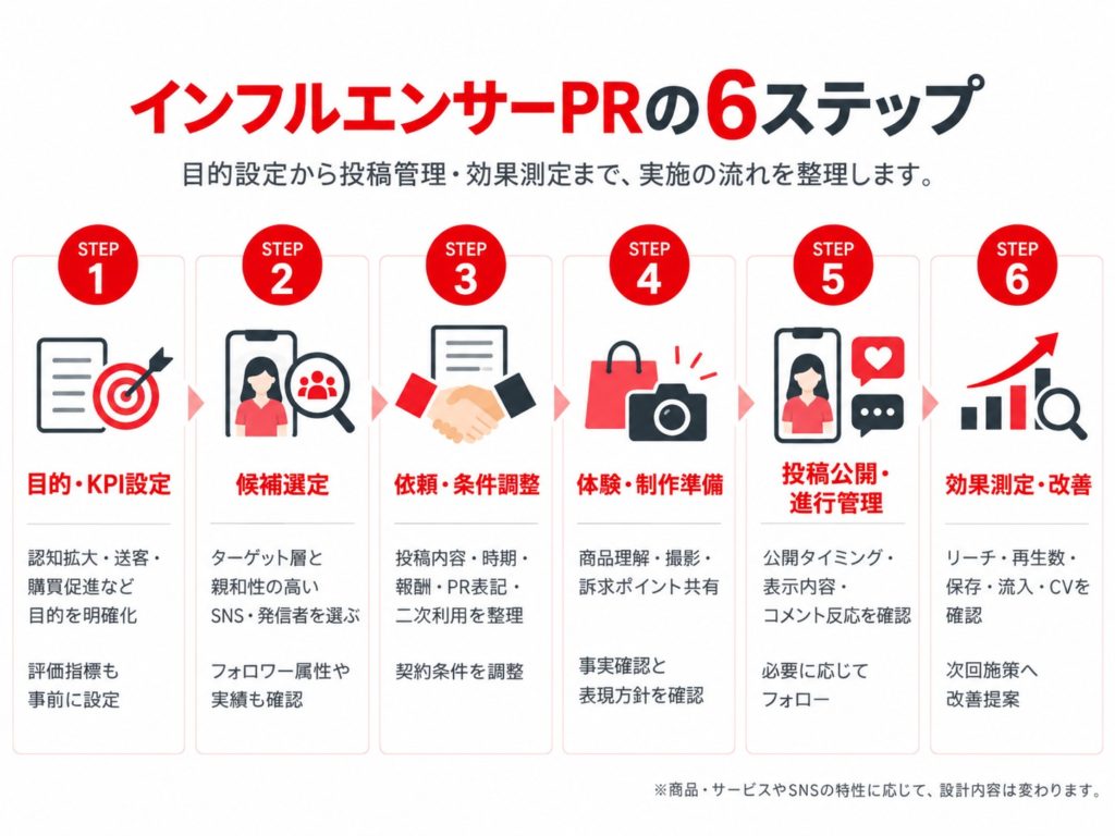インフルエンサーPR実施の6ステップ。①目的・KPI設定、②インフルエンサー候補選定、③依頼・契約条件調整、④商品体験・投稿制作準備、⑤投稿公開・進行管理、⑥効果測定・改善の流れを説明した図解