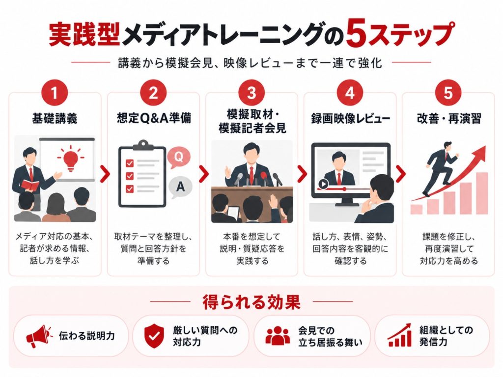実践型メディアトレーニングの5ステップ。①メディア対応の基礎講義、②想定Q&Aの準備、③模擬取材・模擬記者会見、④録画映像によるレビュー、⑤改善点を踏まえた再演習の流れと、説明力・質疑応答力・立ち居振る舞いの向上を目指す研修内容を示した図解